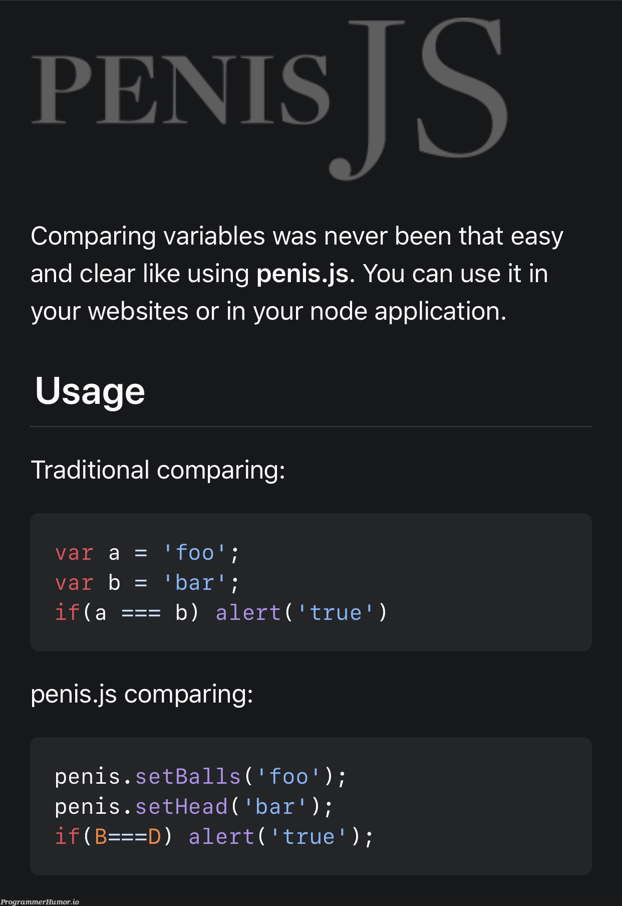 My favorite JS framework, Penis.js | web-memes, website-memes, variables-memes, node-memes, js-memes, IT-memes, framework-memes | ProgrammerHumor.io