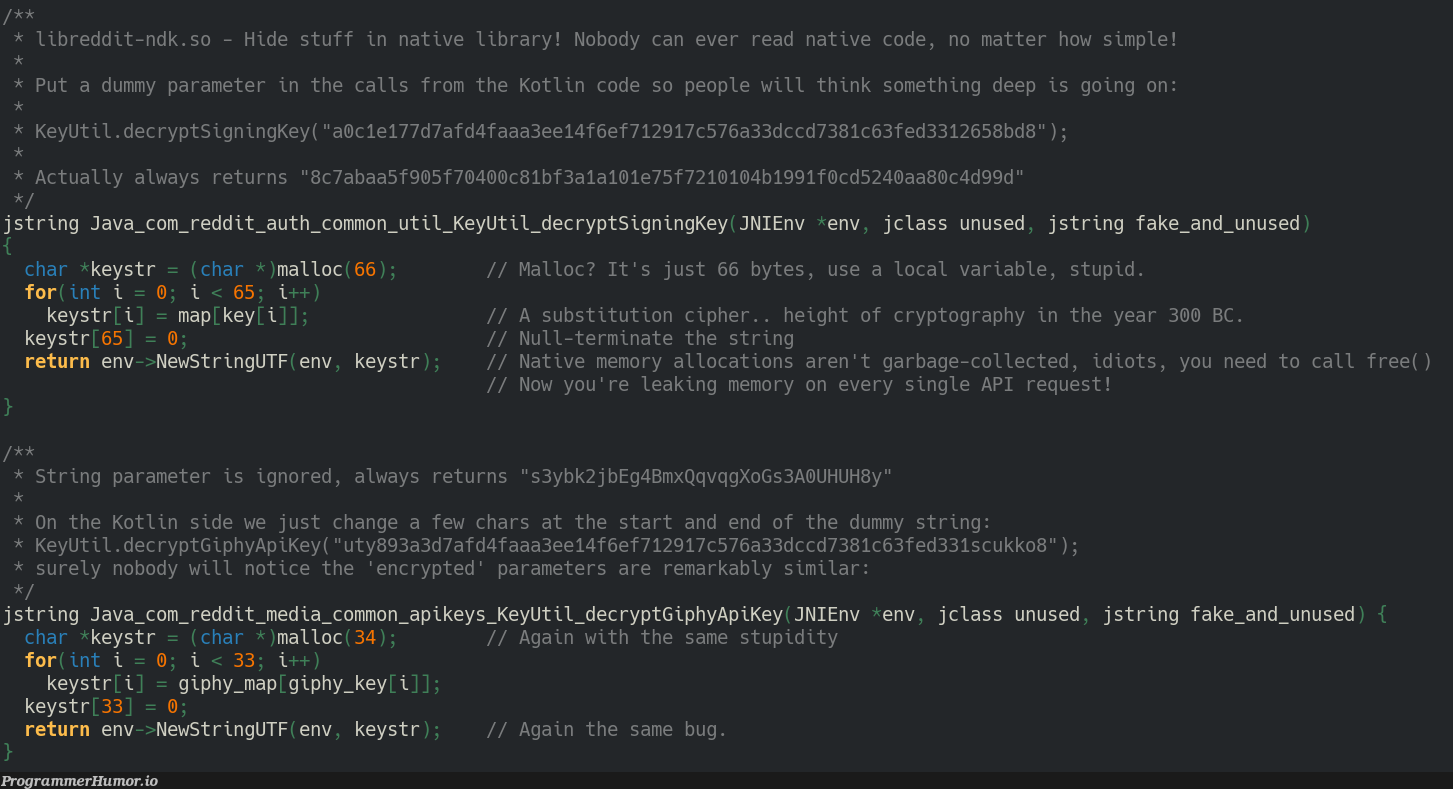 Reddit's app is a joke, so is its code. (Actual reverse-engineered code) | code-memes, java-memes, engineer-memes, bug-memes, loc-memes, string-memes, api-memes, class-memes, kotlin-memes, crypto-memes, reddit-memes, ide-memes, cryptography-memes, graph-memes | ProgrammerHumor.io