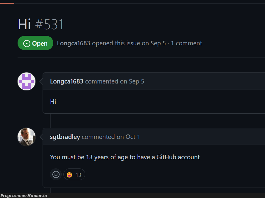 You must be age 13 or older | git-memes, github-memes, comment-memes | ProgrammerHumor.io