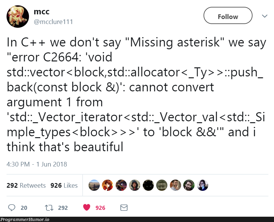 C++ is a beautiful language | c++-memes, loc-memes, lock-memes, error-memes, retweet-memes, language-memes | ProgrammerHumor.io