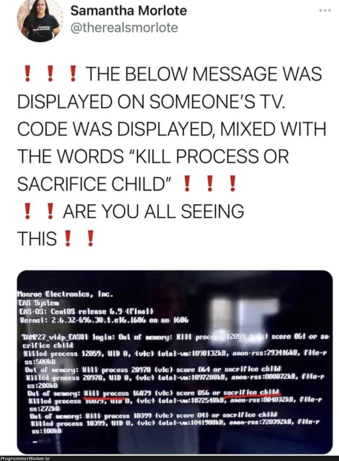 killProcessOrSacrificeChild | code-memes, electron-memes, rds-memes, ML-memes, vm-memes, cs-memes | ProgrammerHumor.io