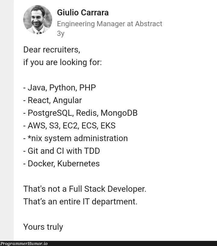 One person to manage a whole department | developer-memes, php-memes, java-memes, python-memes, engineer-memes, engineering-memes, stack-memes, aws-memes, react-memes, git-memes, sql-memes, angular-memes, mongodb-memes, postgresql-memes, docker-memes, recruiters-memes, recruit-memes, mongo-memes, postgres-memes, IT-memes, redis-memes, kubernetes-memes, cs-memes, manager-memes, full stack-memes | ProgrammerHumor.io