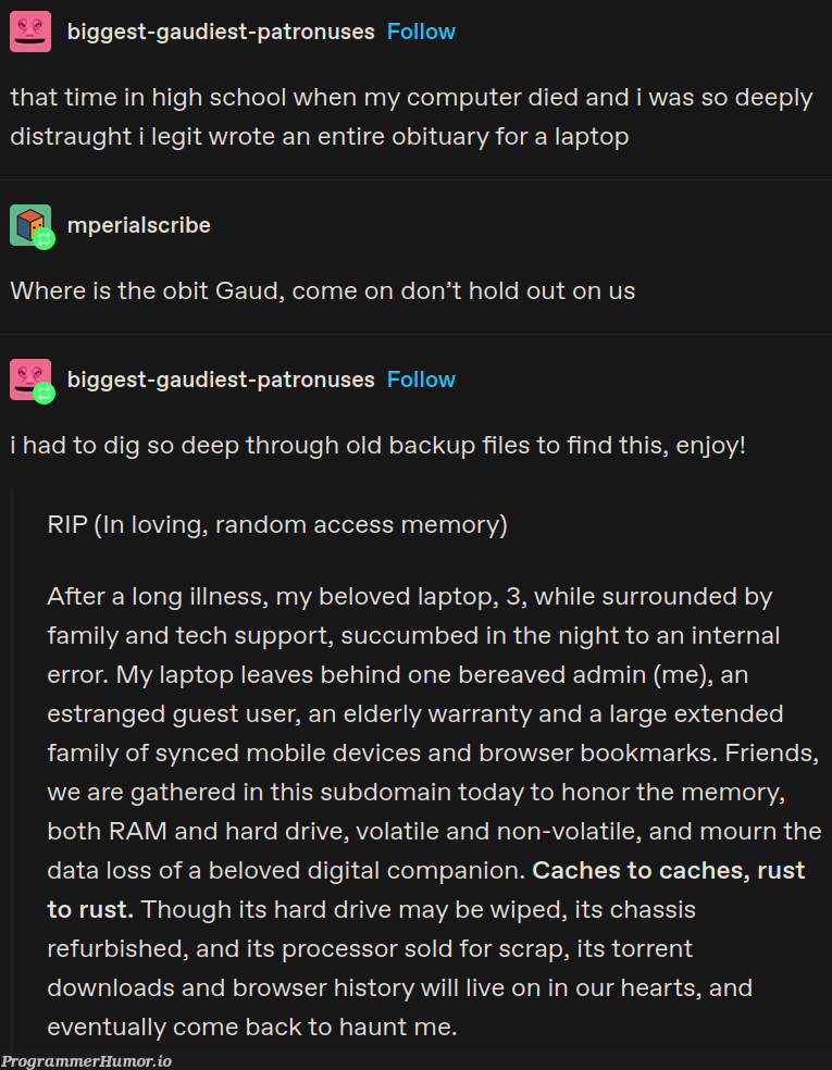 Laptop Obituary | computer-memes, tech-memes, random-memes, git-memes, data-memes, error-memes, bot-memes, laptop-memes, rust-memes | ProgrammerHumor.io