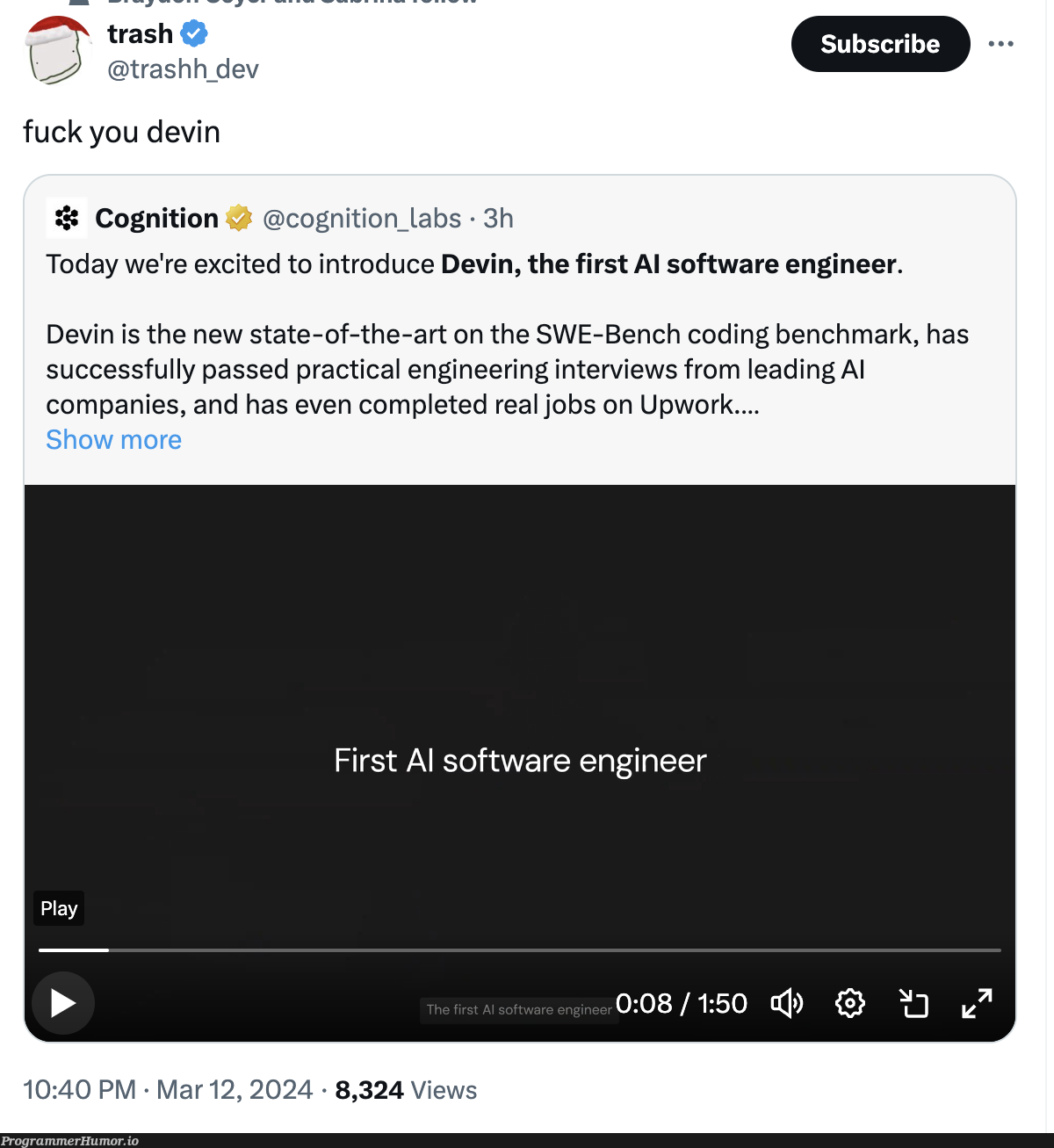 fuckYouDevin | coding-memes, software-memes, engineer-memes, software engineer-memes, engineering-memes, interview-memes | ProgrammerHumor.io