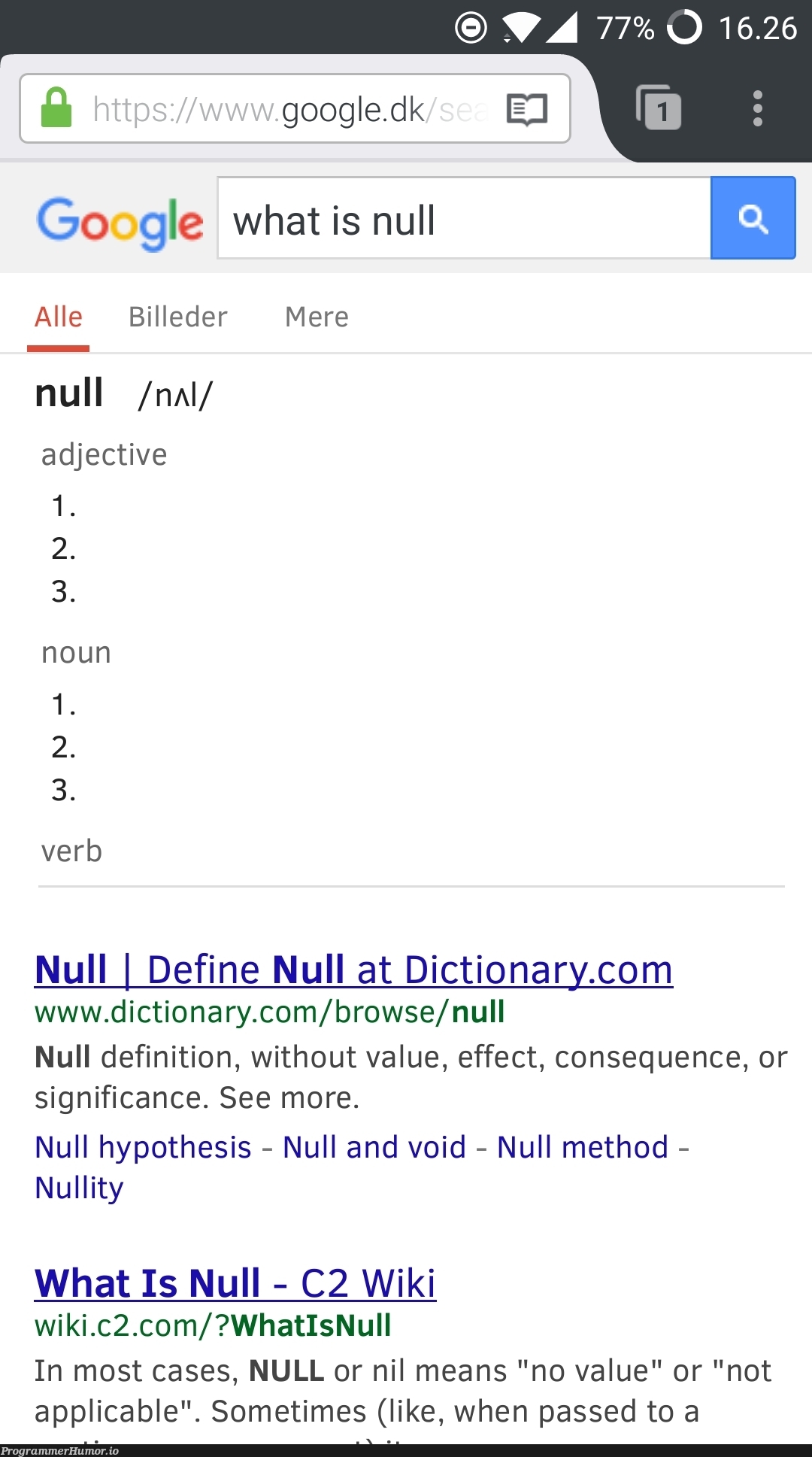 I was wondering what null means | google-memes, dictionary-memes | ProgrammerHumor.io