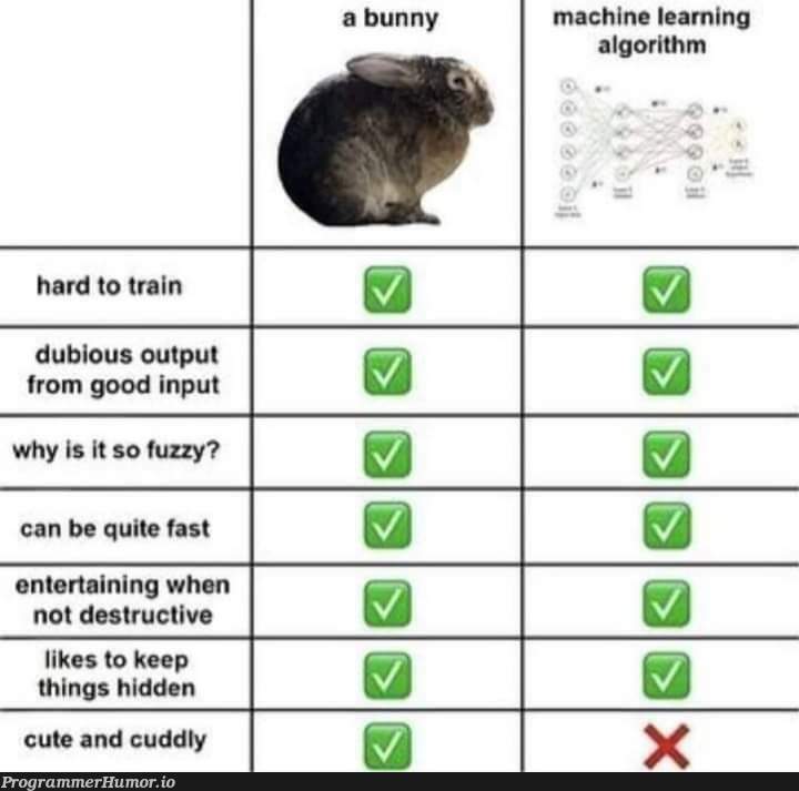 I am gonna go with bunny | machine learning-memes, machine-memes, algorithm-memes, IT-memes, mac-memes, train-memes | ProgrammerHumor.io