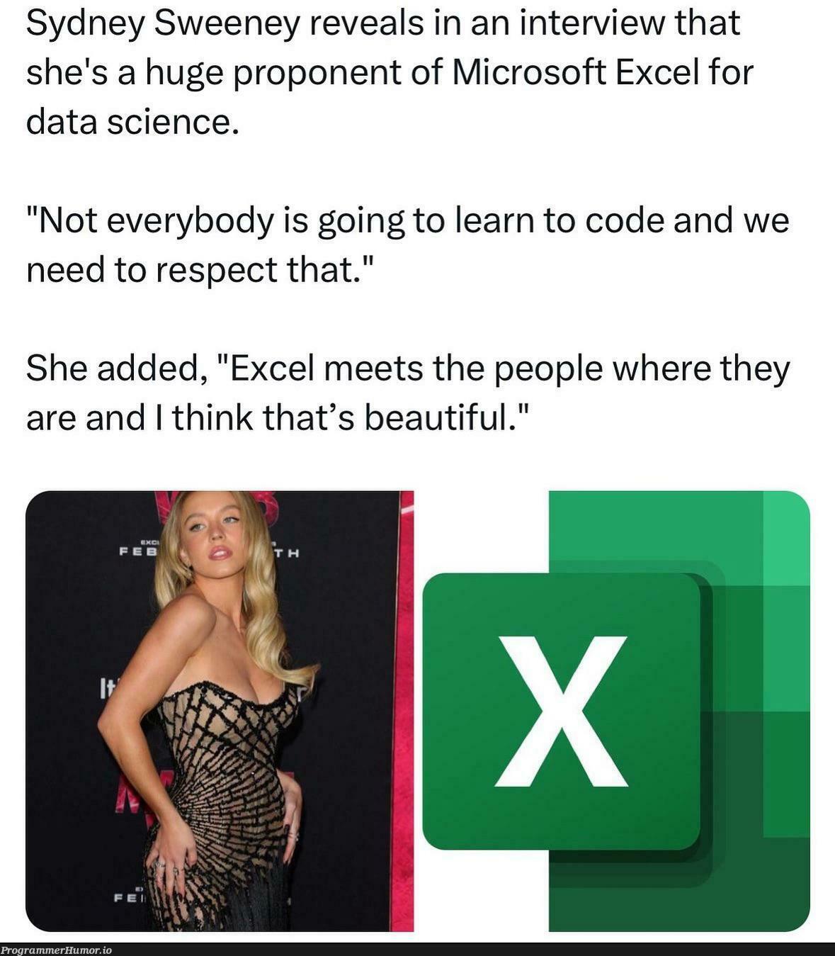 sheIsGreatDataScientist | code-memes, data-memes, excel-memes, microsoft-memes, data science-memes, interview-memes | ProgrammerHumor.io