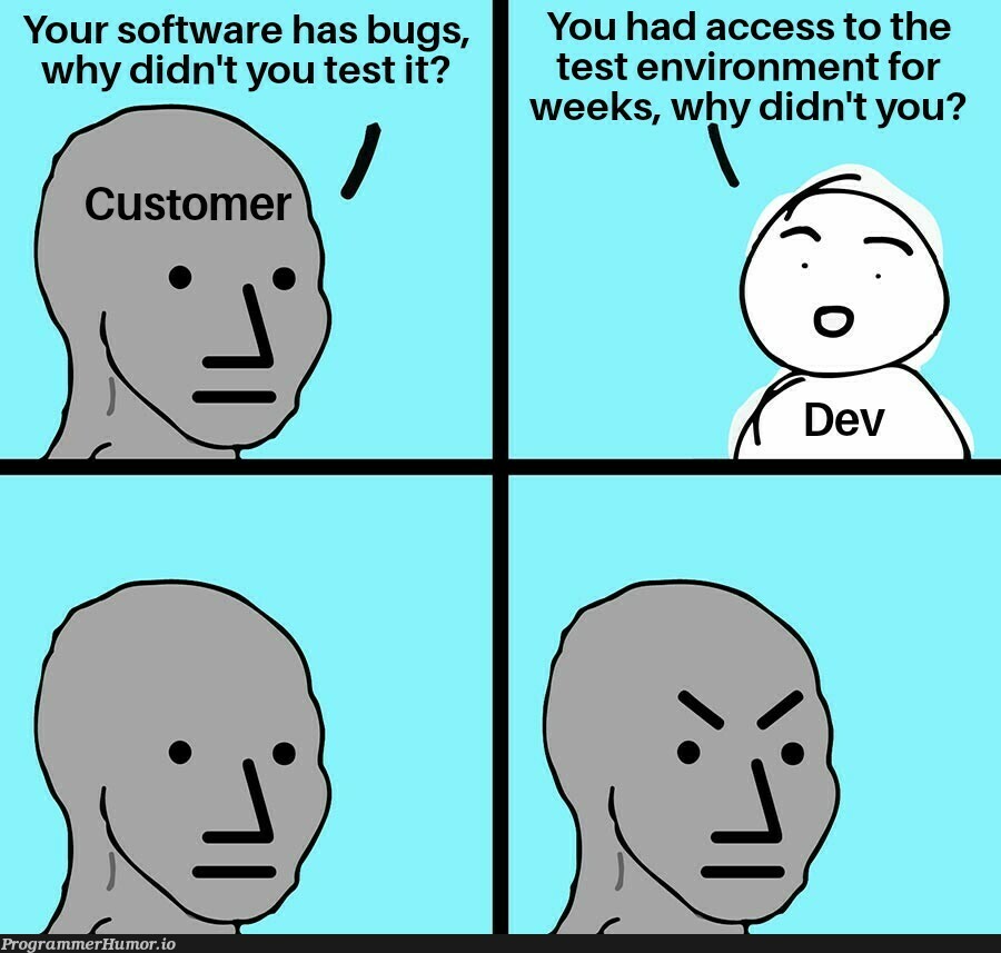 Dev testing is only testing | software-memes, bugs-memes, testing-memes, test-memes, bug-memes | ProgrammerHumor.io