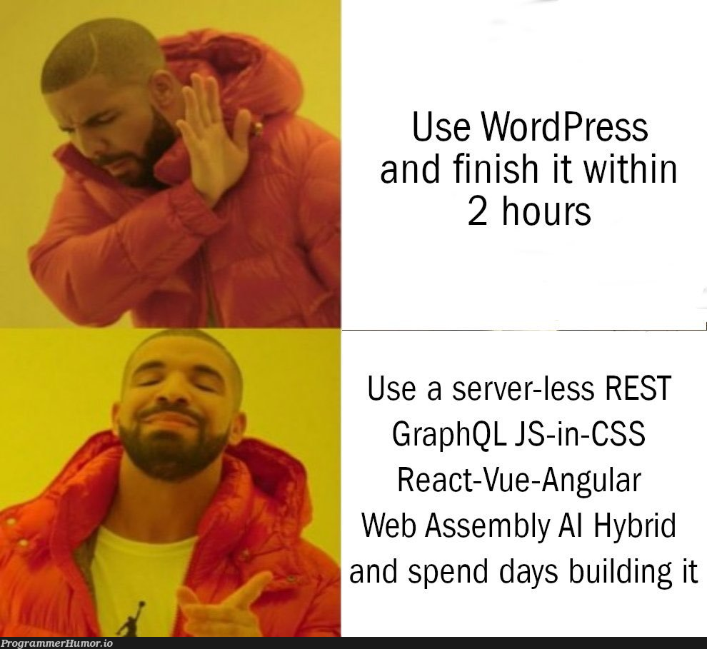 When a programmer decides to launch a new blog. | programmer-memes, css-memes, wordpress-memes, program-memes, server-memes, assembly-memes, react-memes, angular-memes, rest-memes, IT-memes, vue-memes, ide-memes, cs-memes, graph-memes, graphql-memes | ProgrammerHumor.io