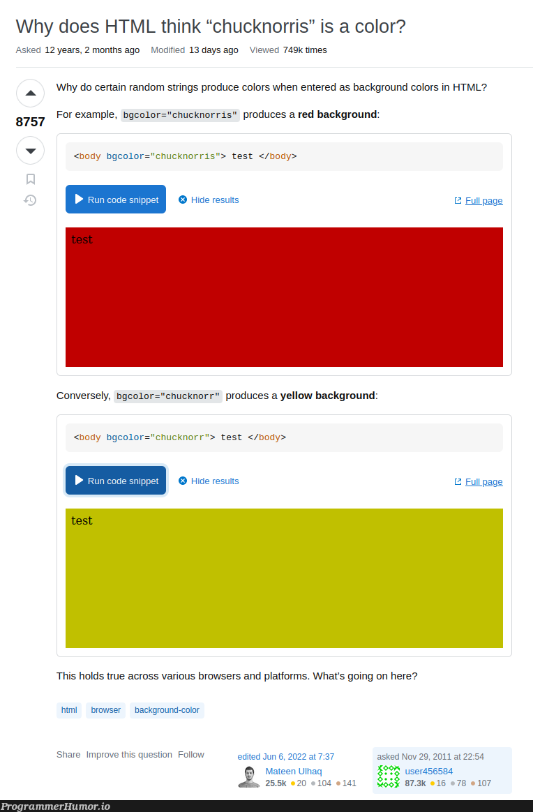 bodyBgcolorChucknorris | html-memes, test-memes, random-memes, string-memes, forms-memes, ML-memes | ProgrammerHumor.io