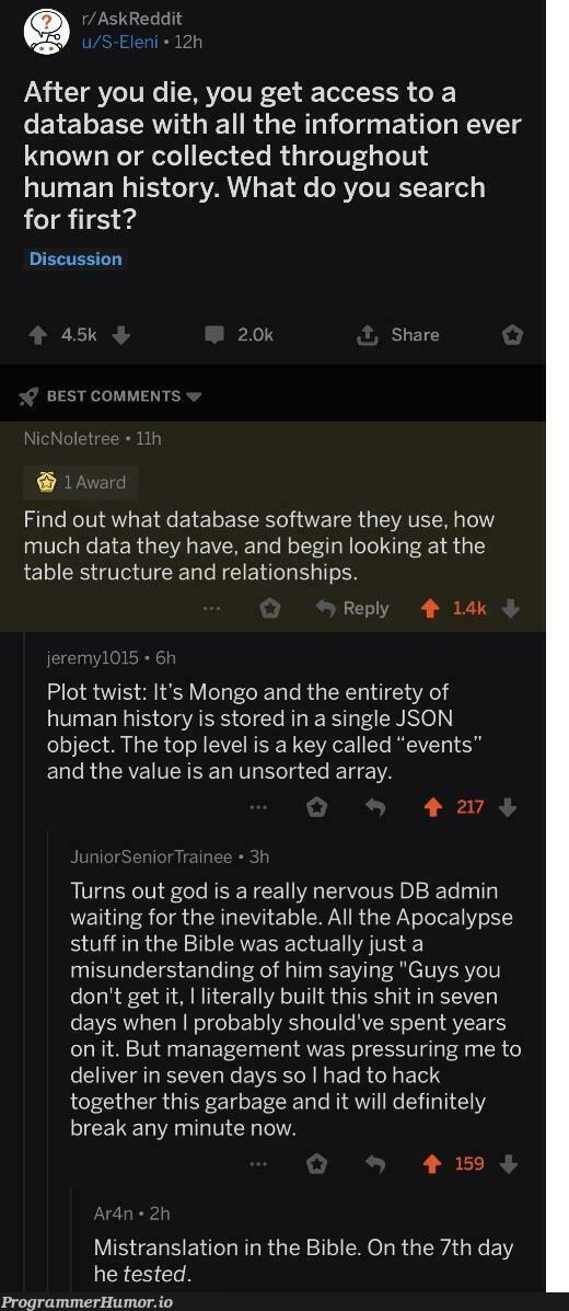 That’s a lot of data | software-memes, management-memes, array-memes, data-memes, json-memes, database-memes, object-memes, search-memes, mongo-memes, IT-memes, comment-memes | ProgrammerHumor.io