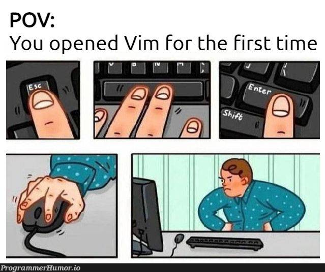 I have been using Vim for the past 2 years, not because I like it I just haven't figured out how to exit it yet. | vim-memes, IT-memes | ProgrammerHumor.io