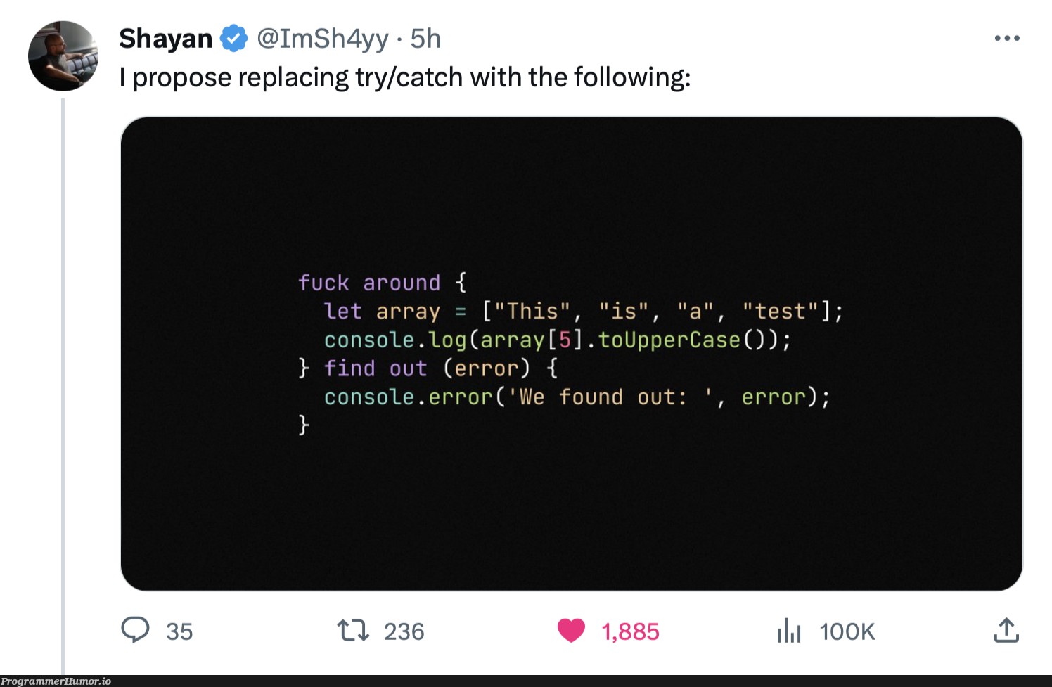 improvingTryCatch | array-memes, try-memes, catch-memes, error-memes, console-memes | ProgrammerHumor.io