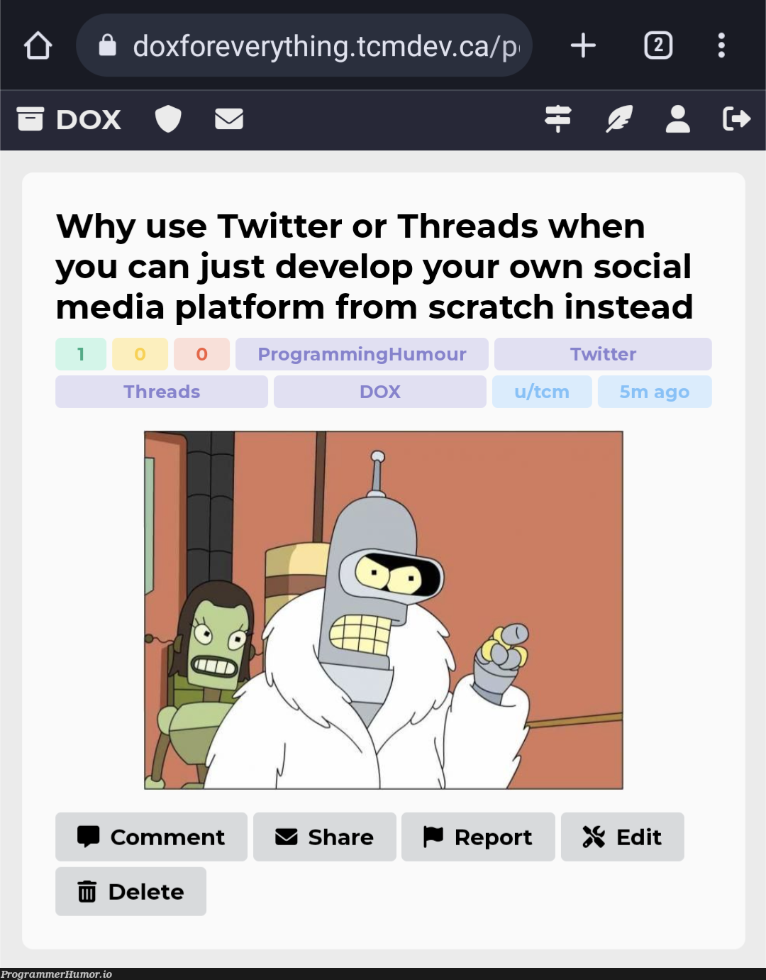 whySpendFiveMinutesJustDoingItWhenYouCanSpendOneHundredHoursAutomatingIt | programming-memes, threads-memes, program-memes, git-memes, twitter-memes, comment-memes | ProgrammerHumor.io