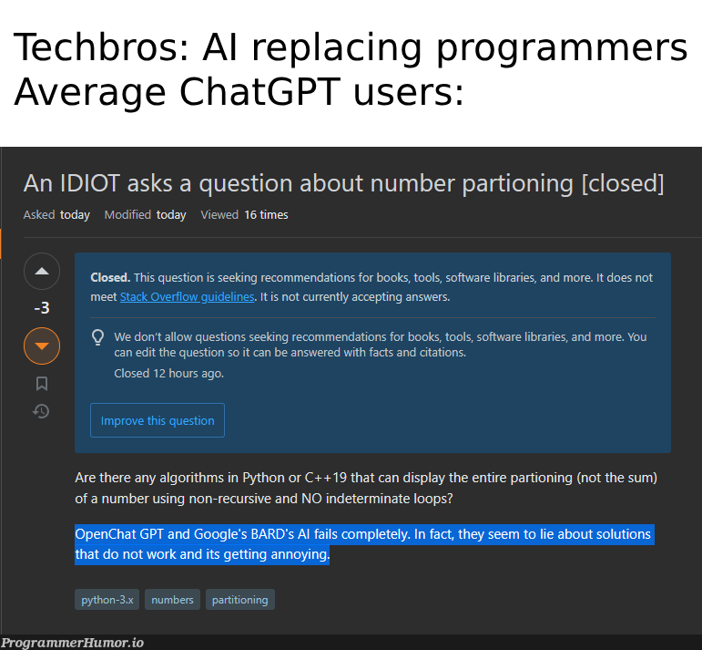 aiReplacingProgrammersForReal | programmer-memes, software-memes, tech-memes, python-memes, program-memes, google-memes, c++-memes, algorithm-memes, loops-memes, oop-memes, algorithms-memes, recursive-memes, IT-memes | ProgrammerHumor.io