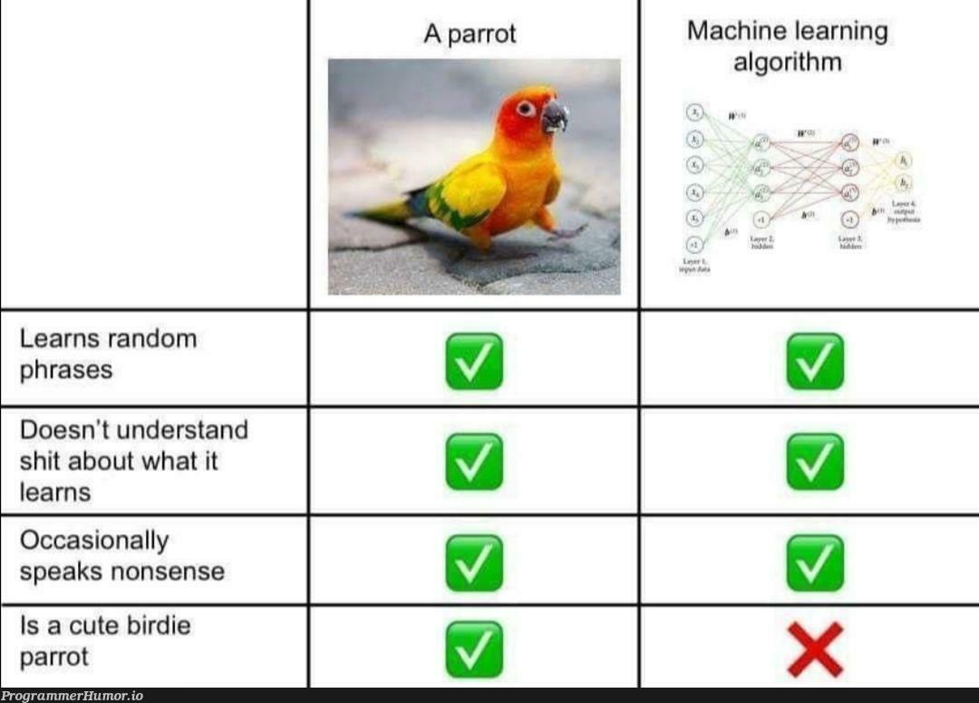 Why wouldn't you choose a parrot for your next application | machine learning-memes, random-memes, machine-memes, algorithm-memes, IT-memes, mac-memes | ProgrammerHumor.io