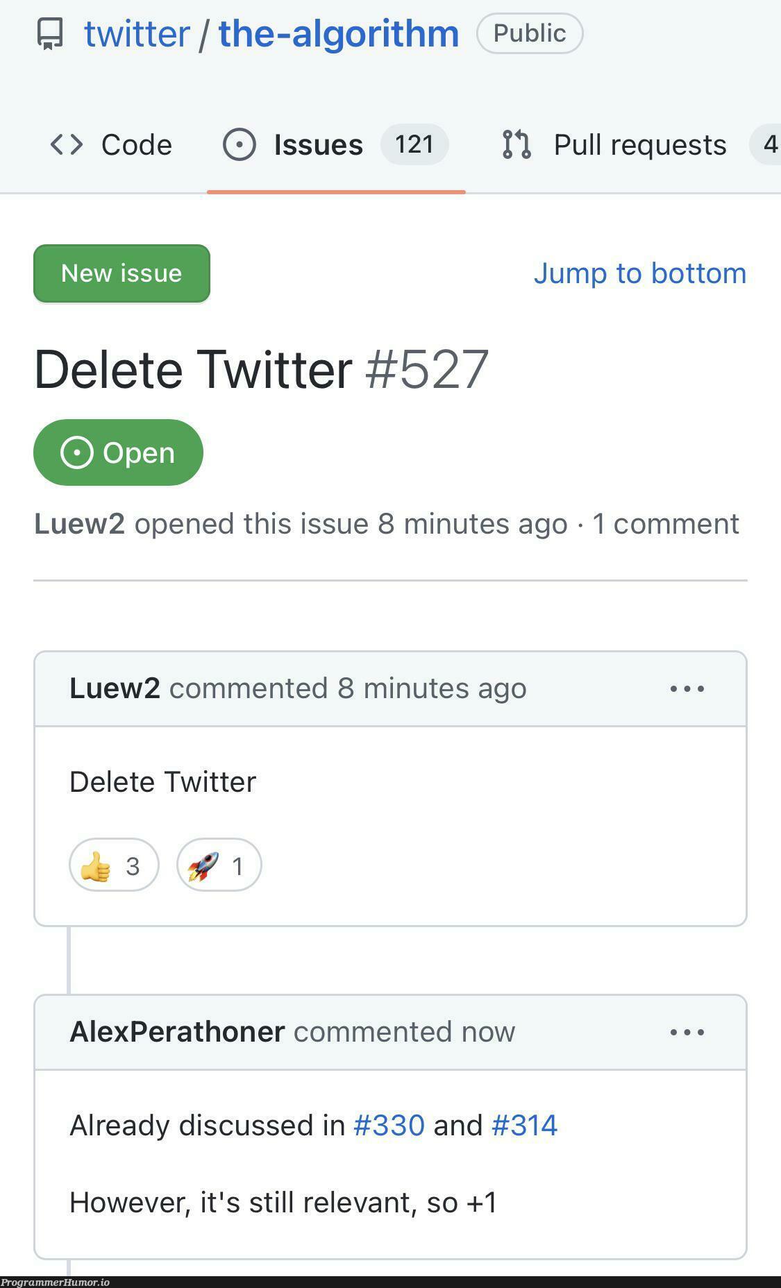 A real fix for Twitter's problem | code-memes, algorithm-memes, fix-memes, bot-memes, twitter-memes, comment-memes, public-memes | ProgrammerHumor.io