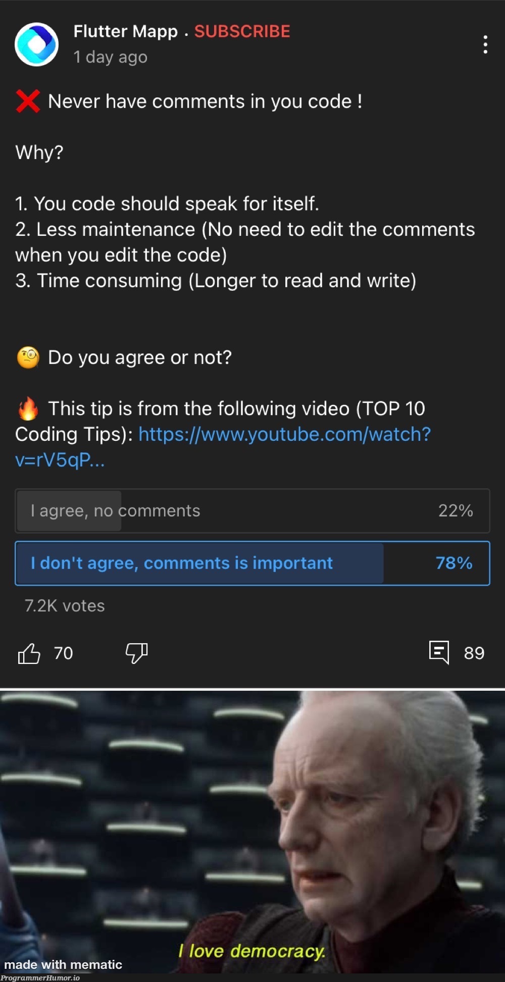 Comments save lives! | coding-memes, code-memes, maintenance-memes, flutter-memes, http-memes, ide-memes, comment-memes, youtube-memes | ProgrammerHumor.io