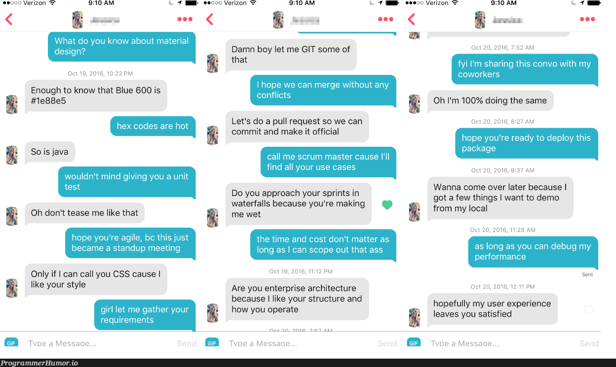 when a programmer and designer meet on tinder | programmer-memes, css-memes, design-memes, designer-memes, tinder-memes, program-memes, bug-memes, git-memes, performance-memes, debug-memes, IT-memes, cs-memes | ProgrammerHumor.io