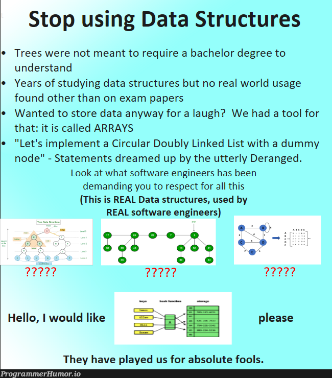 stopDoingDataStructures | software-memes, engineer-memes, software engineer-memes, trees-memes, linked list-memes, array-memes, arrays-memes, node-memes, data structures-memes, data-memes, list-memes, IT-memes | ProgrammerHumor.io