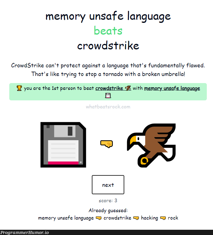 unsafeLanguageBeatsCrowdstrike | hacking-memes, try-memes, language-memes | ProgrammerHumor.io