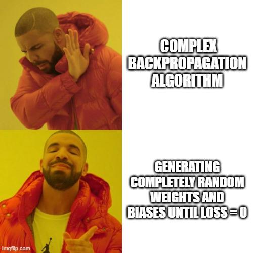 iWroteAnAlgorithmTodayThatCouldBestBeDescribedAsBogoBackpropagation | algorithm-memes | ProgrammerHumor.io