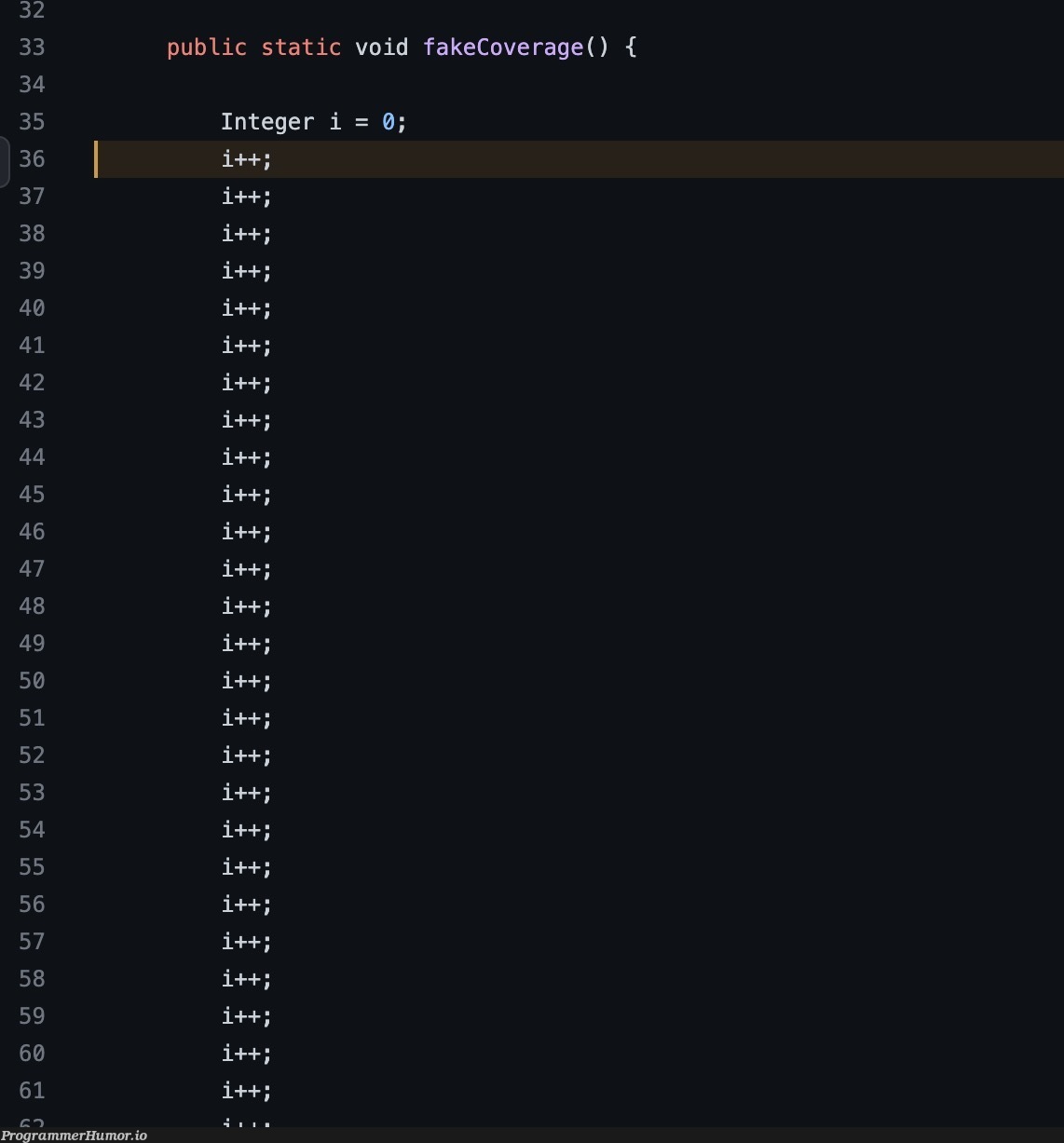 Found this at work. Someone padded a repo with thousands of lines like this to pass a 75% code coverage check. | code-memes, public-memes | ProgrammerHumor.io