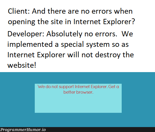 It works as we intended it to in Internet Explorer. | developer-memes, web-memes, website-memes, errors-memes, internet explorer-memes, error-memes, cli-memes, internet-memes, IT-memes | ProgrammerHumor.io