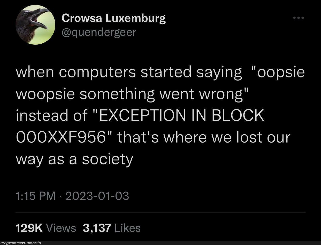 oopsie woopsie something went wrong | computer-memes, ux-memes, loc-memes, lock-memes, oop-memes, exception-memes | ProgrammerHumor.io