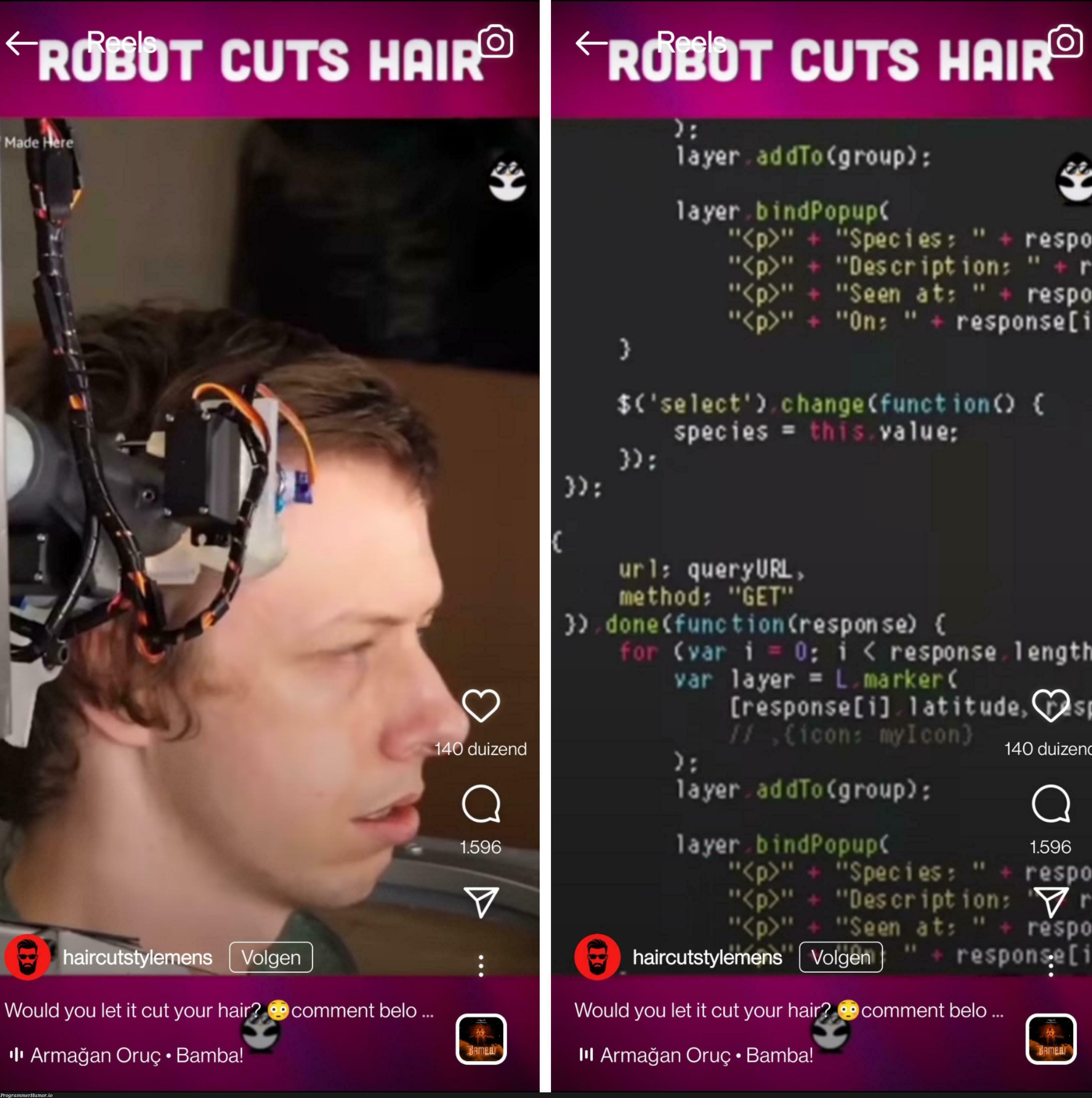 Codesnipped of a haircutting machine according to Instagram video | code-memes, machine-memes, function-memes, url-memes, IT-memes, query-memes, ide-memes, mac-memes, zend-memes, comment-memes | ProgrammerHumor.io