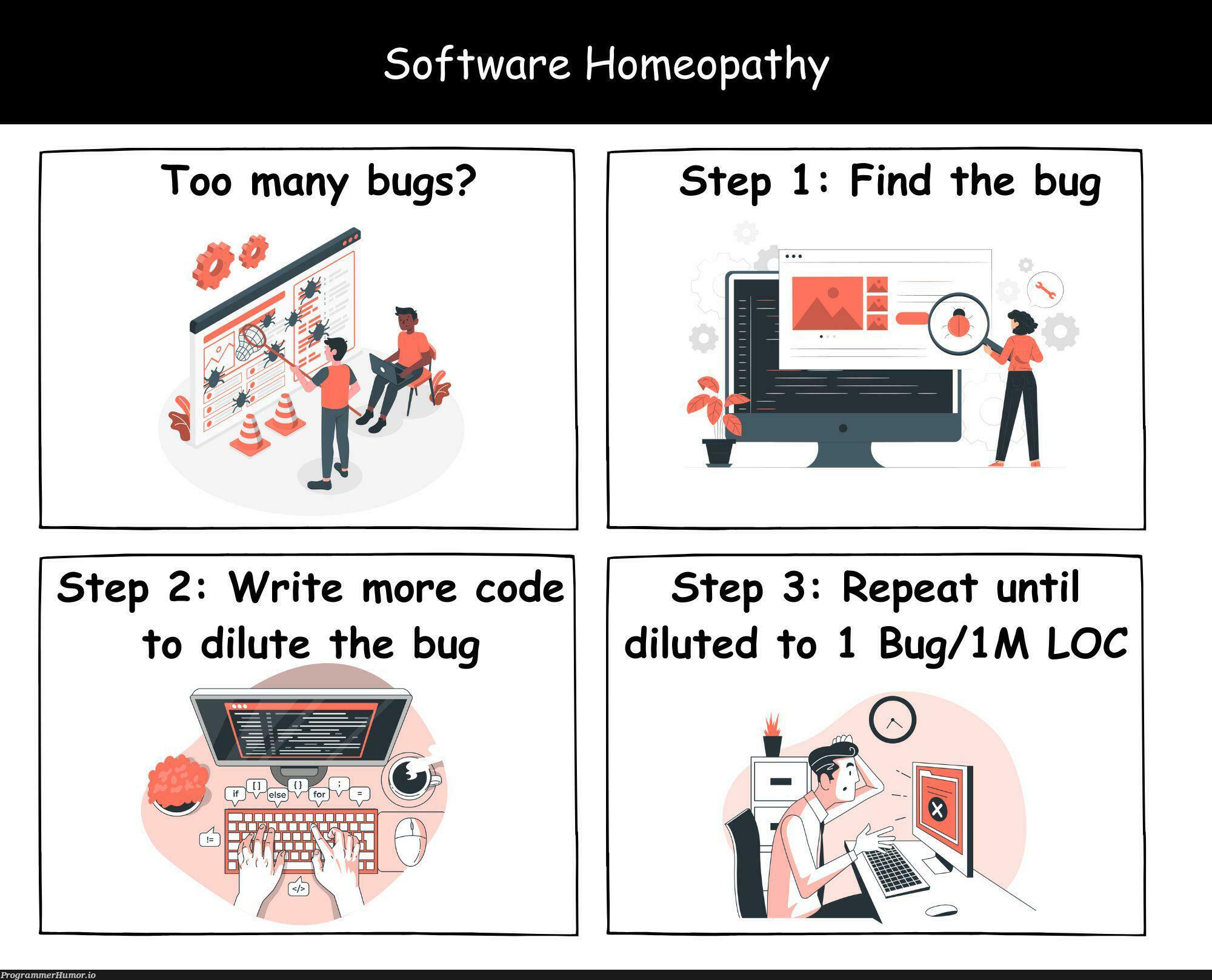 softwareHomeopathy | software-memes, code-memes, bugs-memes, bug-memes, loc-memes | ProgrammerHumor.io