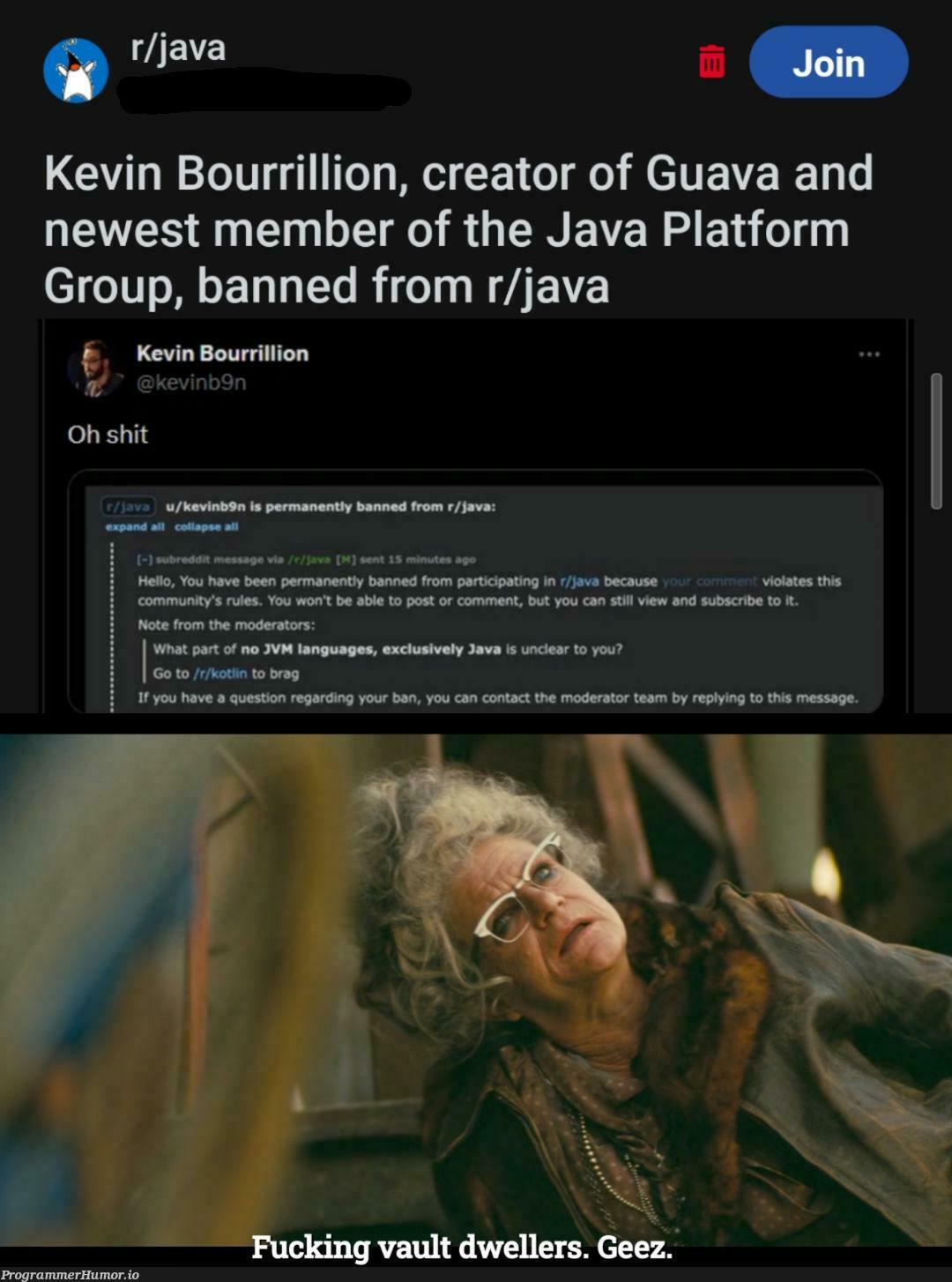 theyBannedWho | java-memes, kotlin-memes, language-memes, vm-memes, comment-memes | ProgrammerHumor.io