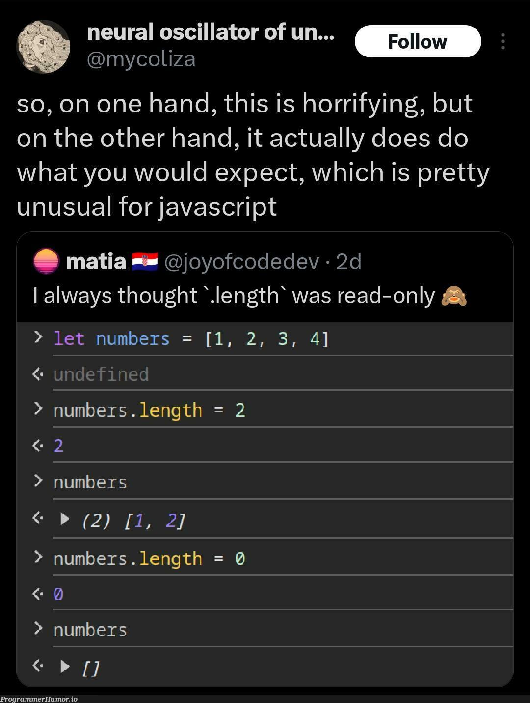 itDoesWhatYouWouldExpectWhichIsUnusualForJavascript | javascript-memes, code-memes, java-memes, IT-memes | ProgrammerHumor.io