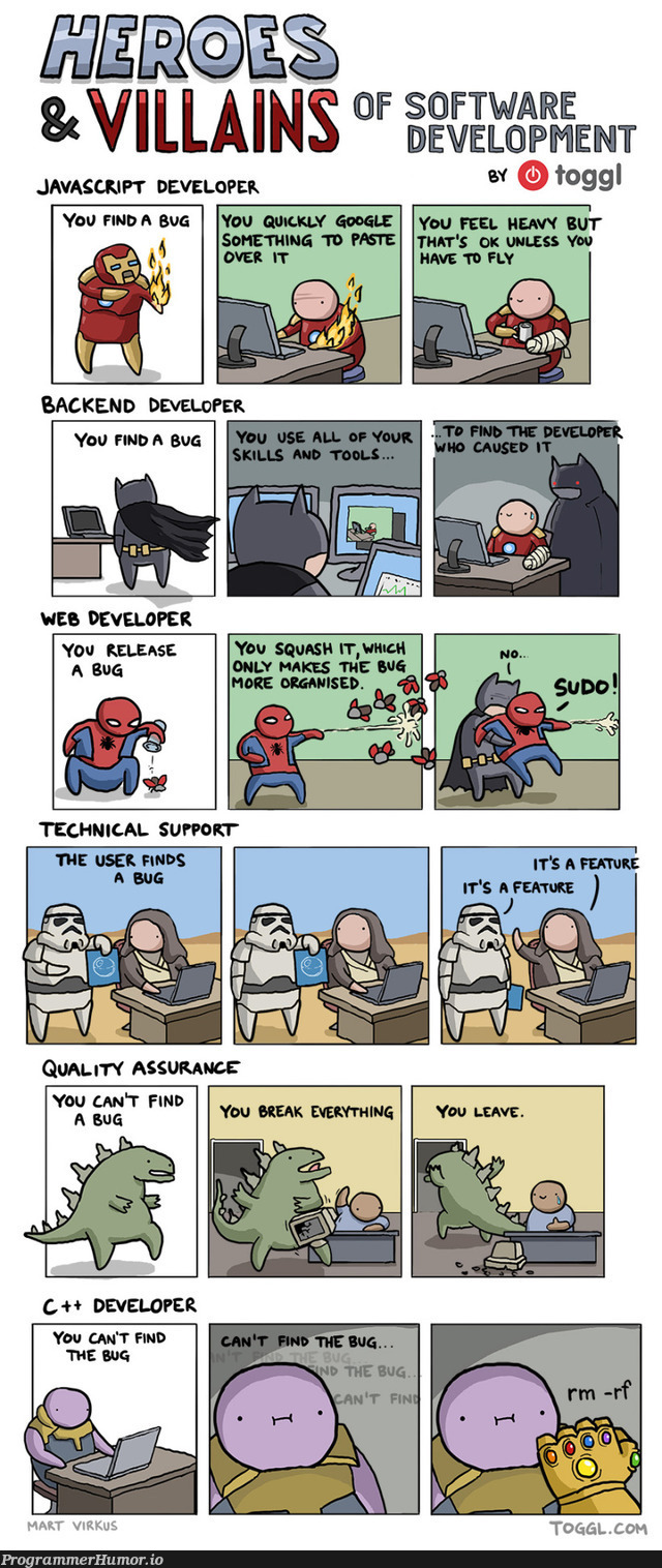 Heroes and Villains of Software Development | developer-memes, javascript-memes, software-memes, java-memes, development-memes, javascript dev-memes, bug-memes, release-memes | ProgrammerHumor.io