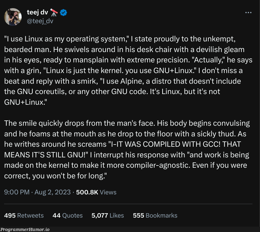 GnuLinuxFreakout | code-memes, linux-memes, ux-memes, compiler-memes, IT-memes, retweet-memes, kernel-memes, operating system-memes | ProgrammerHumor.io