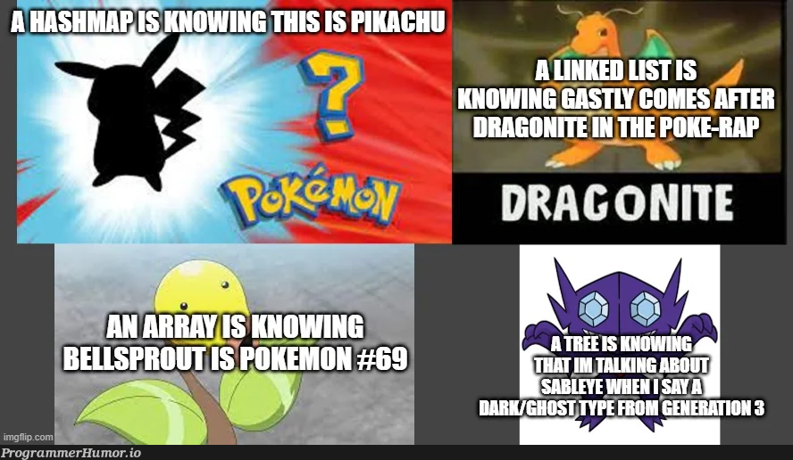 dataStructuresExplainedWithPokemonRepostFrom3YearsAgo | data-memes, list-memes | ProgrammerHumor.io