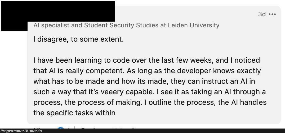 aiSpecialistLearnsToCode | developer-memes, code-memes, security-memes, list-memes, IT-memes, ide-memes | ProgrammerHumor.io