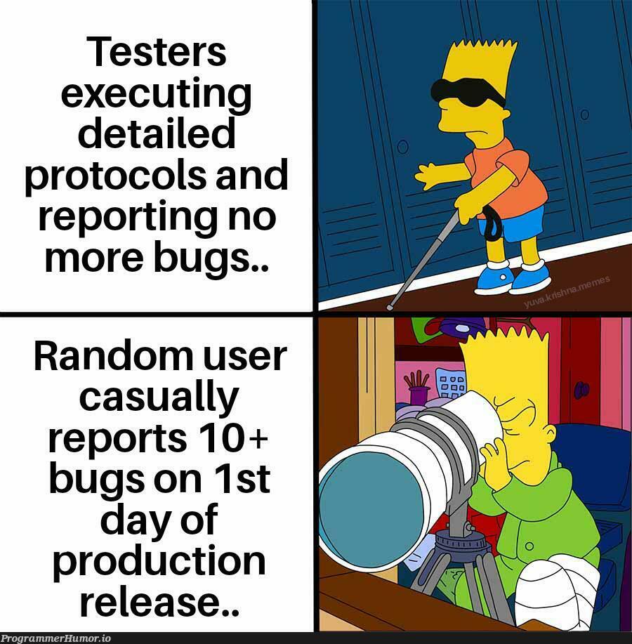 theRealtester | bugs-memes, test-memes, bug-memes, random-memes, release-memes, production-memes, product-memes | ProgrammerHumor.io