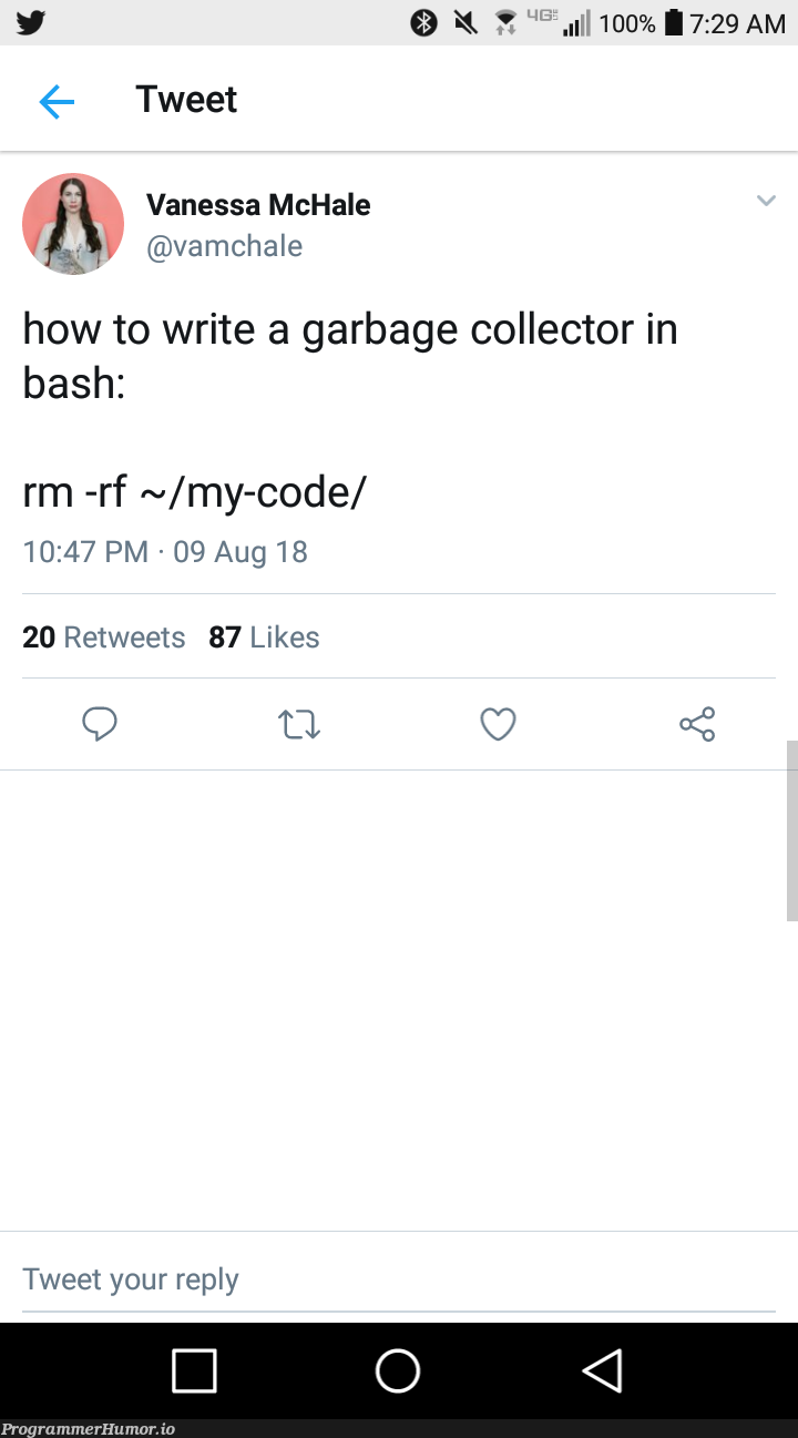 How to write a garbage collector in bash | code-memes, bash-memes, retweet-memes, rm -rf-memes | ProgrammerHumor.io