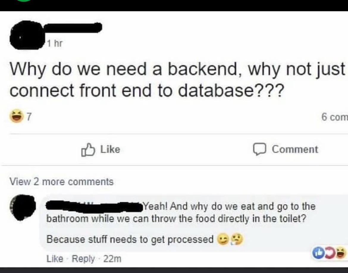 whyDoWeNeed | backend-memes, front end-memes, data-memes, database-memes, comment-memes | ProgrammerHumor.io