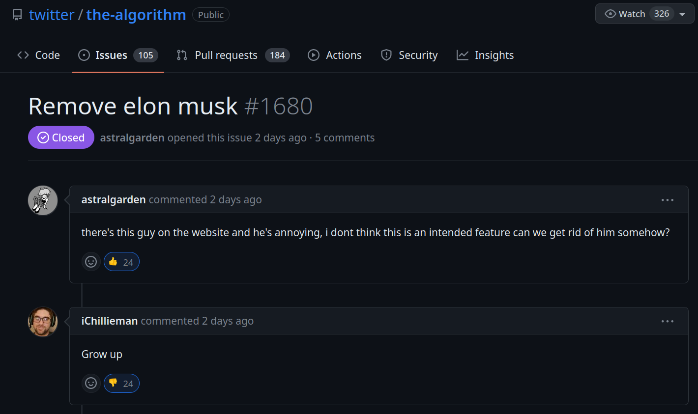 Issues with the-algorithm. | code-memes, web-memes, website-memes, security-memes, algorithm-memes, twitter-memes, comment-memes, public-memes, feature-memes | ProgrammerHumor.io