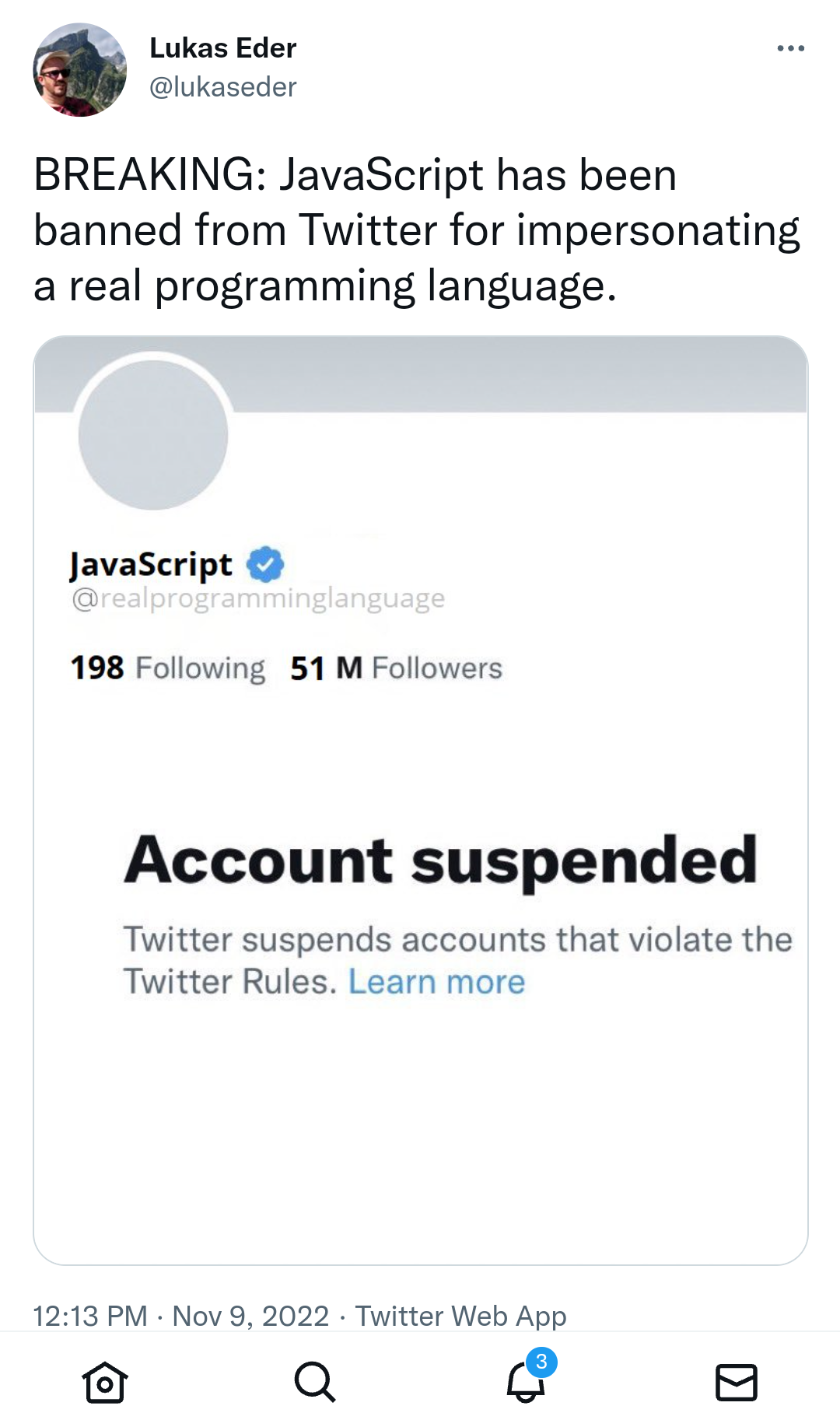 Account suspended | programming-memes, javascript-memes, java-memes, web-memes, program-memes, twitter-memes, language-memes, programming language-memes | ProgrammerHumor.io