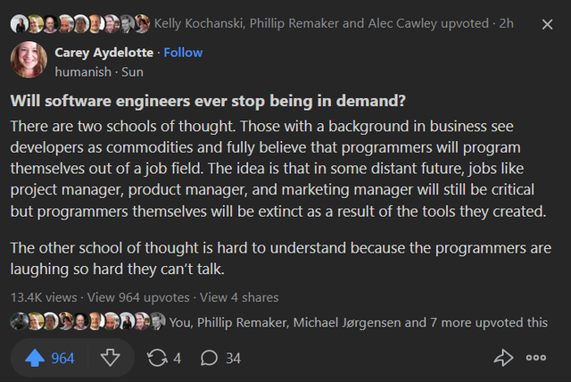 Programmers who will code themselves out of a job sounds soo juvenile. | programmer-memes, developer-memes, software-memes, code-memes, engineer-memes, software engineer-memes, marketing-memes, program-memes, idea-memes, ide-memes, manager-memes, product-memes, product manager-memes | ProgrammerHumor.io