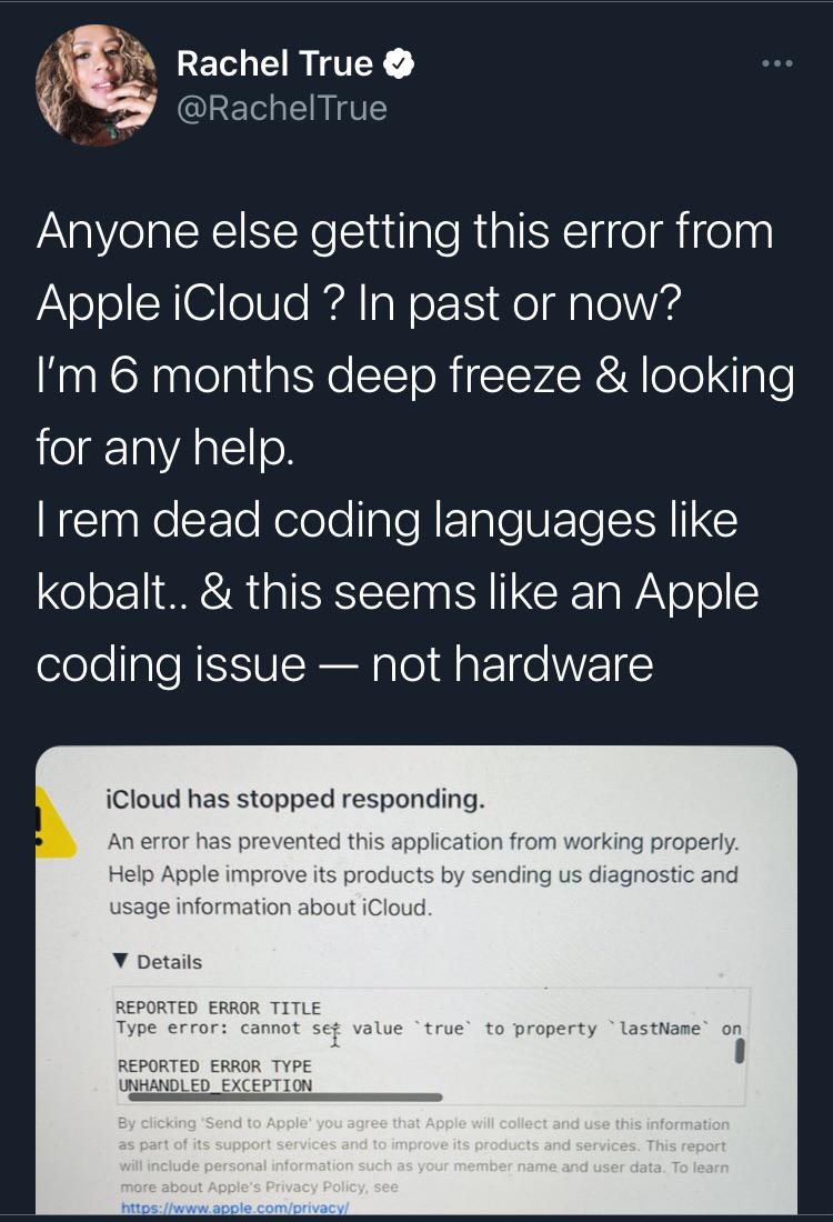 She has “True” as her last name and that breaks iCloud. | coding-memes, data-memes, hardware-memes, apple-memes, perl-memes, http-memes, error-memes, cli-memes, cloud-memes, icloud-memes, language-memes, exception-memes, product-memes | ProgrammerHumor.io