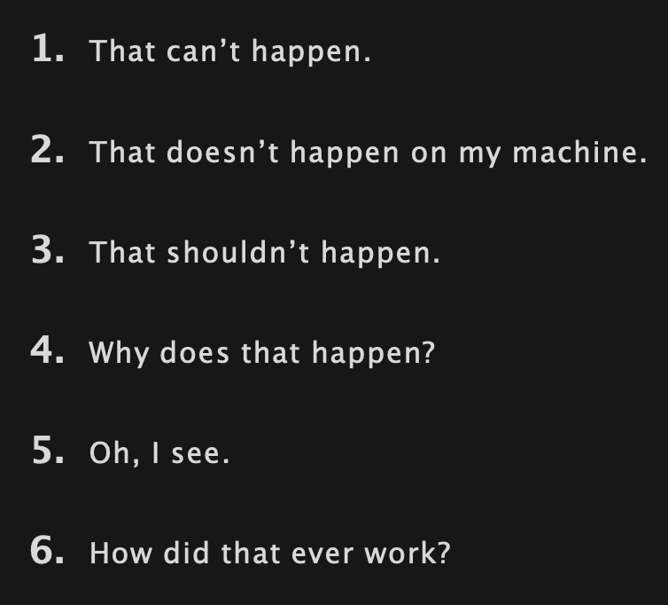 theSixStagesOfDebugging | debugging-memes, bug-memes, machine-memes, debug-memes, mac-memes | ProgrammerHumor.io