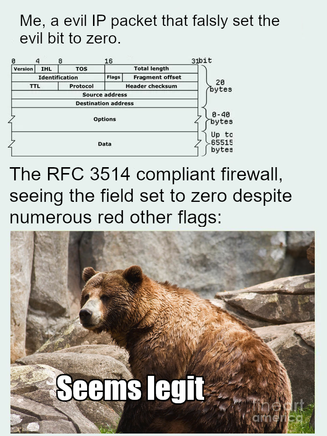 rfc3514CompliantFirewallsDoBeLikeThat | git-memes, version-memes, data-memes, ide-memes, header-memes | ProgrammerHumor.io