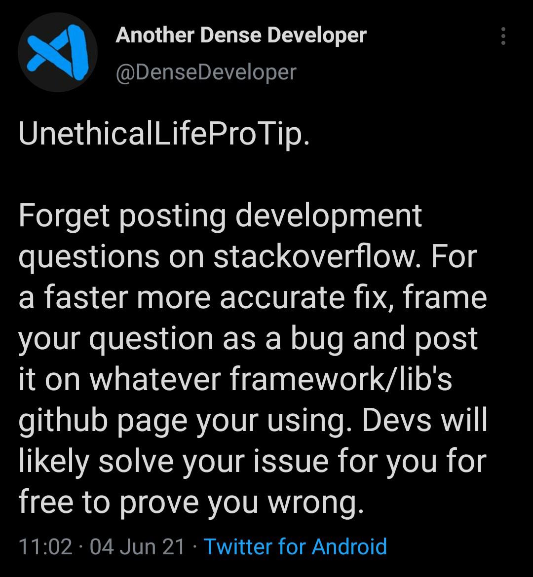 Unethical Programmer Pro Tip | programmer-memes, developer-memes, development-memes, android-memes, stackoverflow-memes, stack-memes, program-memes, bug-memes, git-memes, github-memes, devs-memes, fix-memes, overflow-memes, IT-memes, twitter-memes, framework-memes | ProgrammerHumor.io