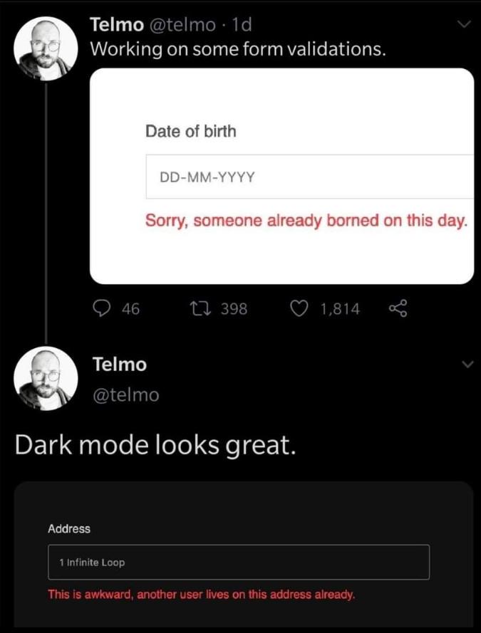 darkMode | date-memes, validation-memes, oop-memes, infinite loop-memes, infinite-memes | ProgrammerHumor.io