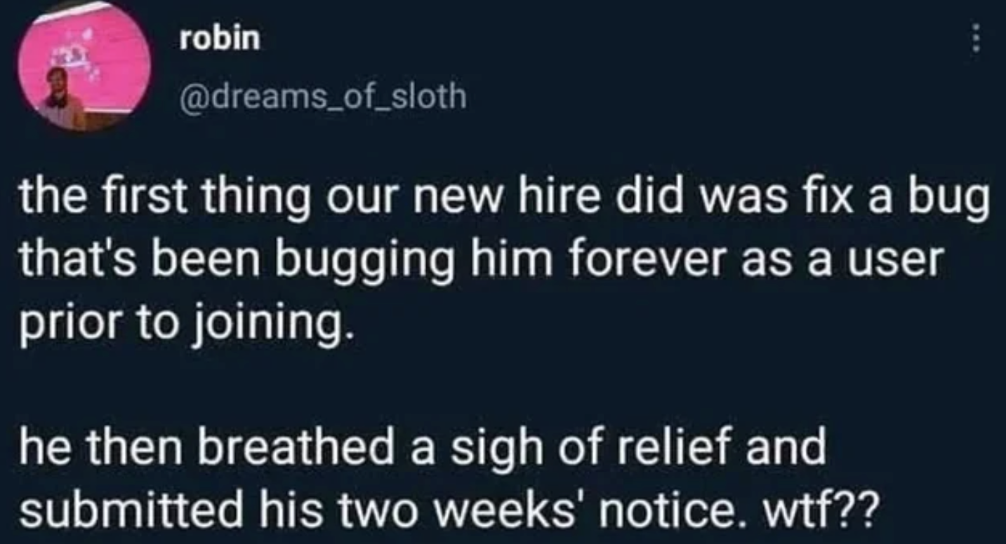 Get Hired, Fix Bug, Refuse To Elaborate, Leave