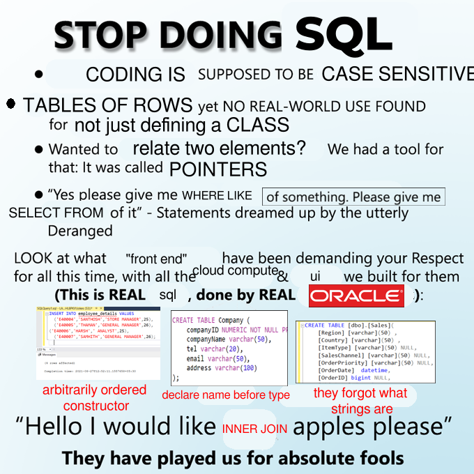 We Invented Object Oriented Design To Solve A Problem And Then Invented SQL To Unsolve It Again